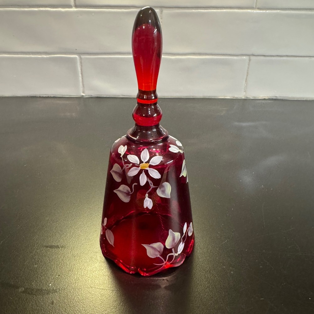 Fenton Bell Ruby Red Glass Hand Painted Floral Signed L. Lucas 6.5" Red Vintage